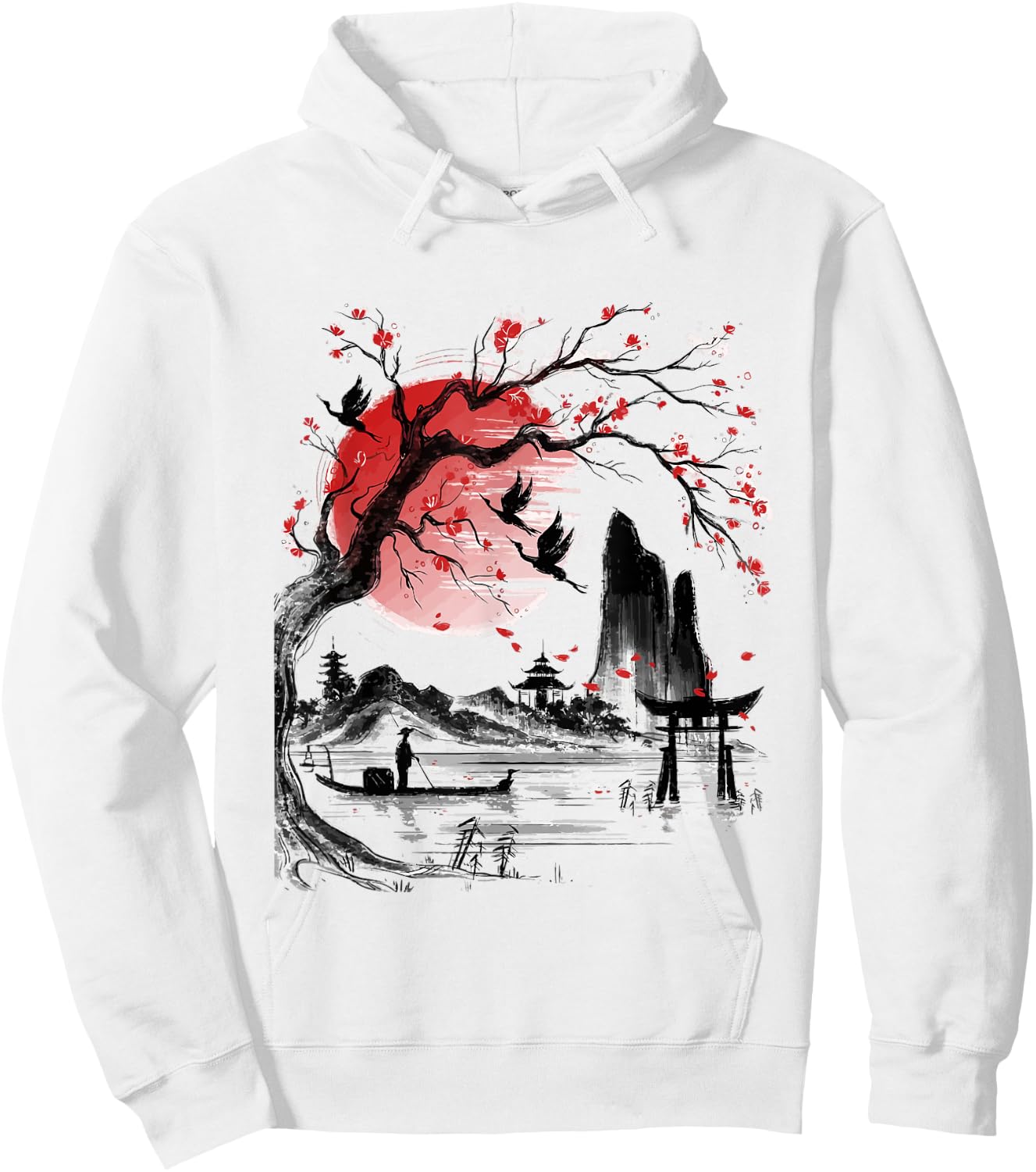 Japanese Tree Red Moon With Birds Flying in background Hoodie - Hoodie | White