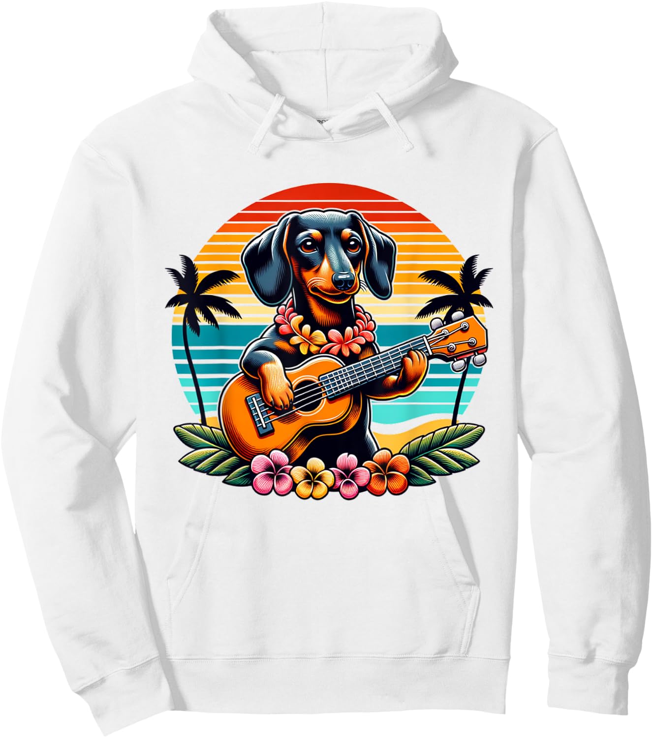 Cute dachshund Dog Playing Guitar Hawaiian Summer Wiener Hoodie - Hoodie | White