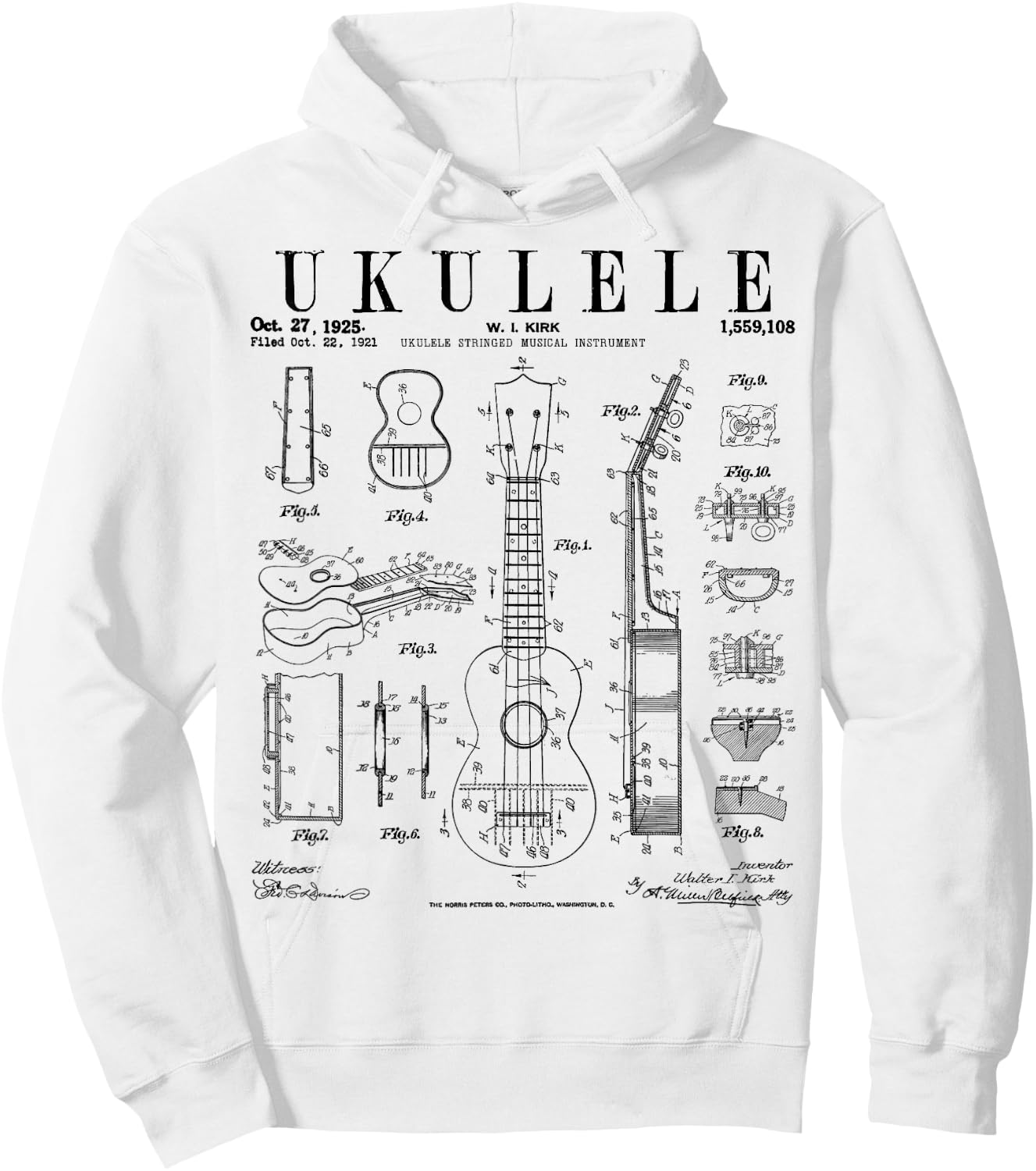 Ukulele Musical Instrument Uke Vintage Patent Drawing Print Hoodie - Hoodie | White