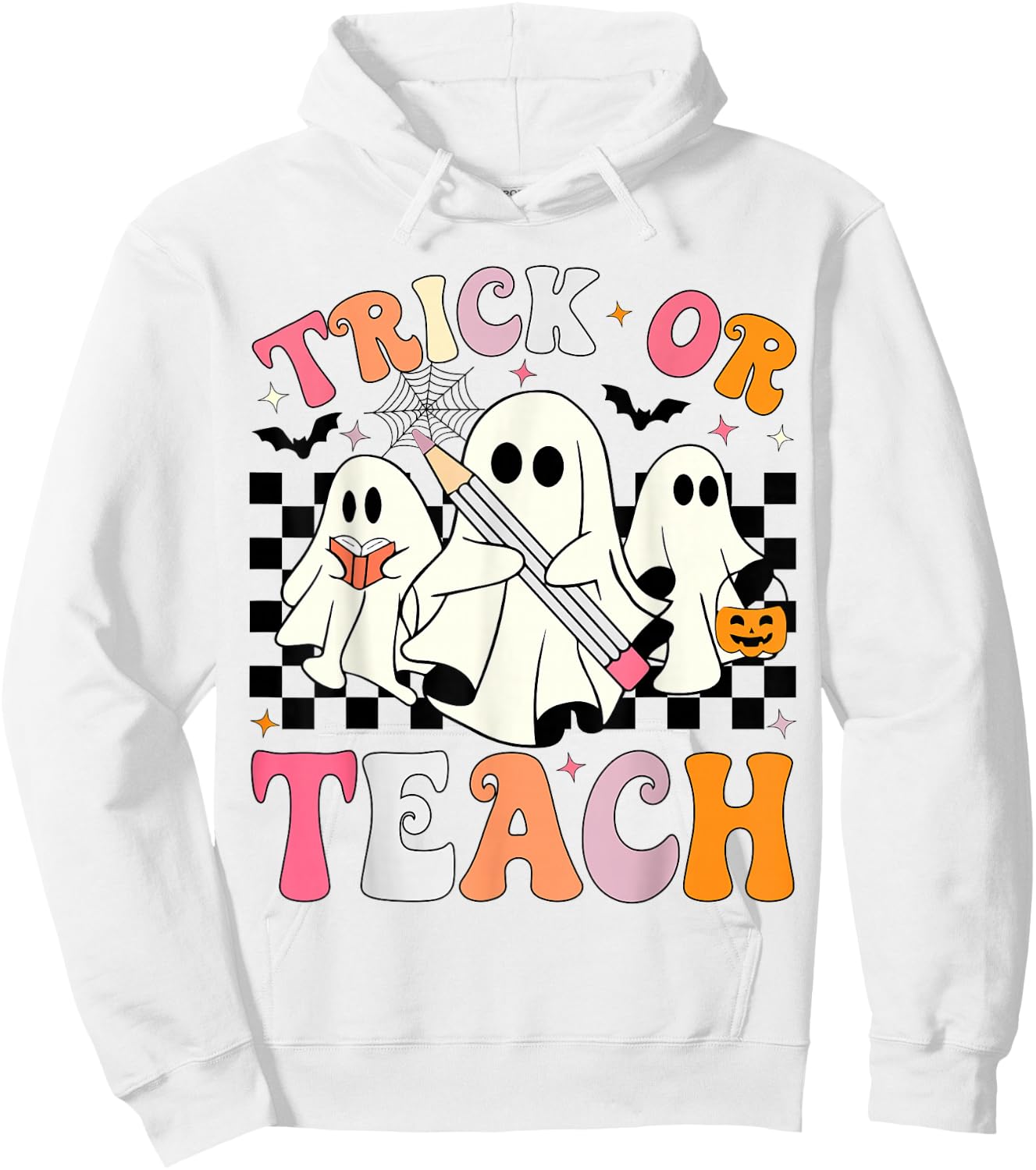 Trick or Teach Groovy Halloween Teacher Ghosts Retro Teacher Hoodie - Hoodie | White