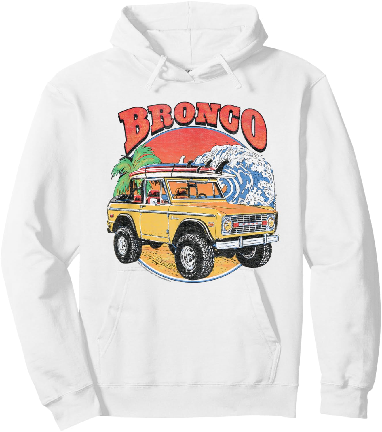 Ford - Yellow Bronco SUV Beach Surfboards And Ocean Wave Hoodie - Hoodie | White