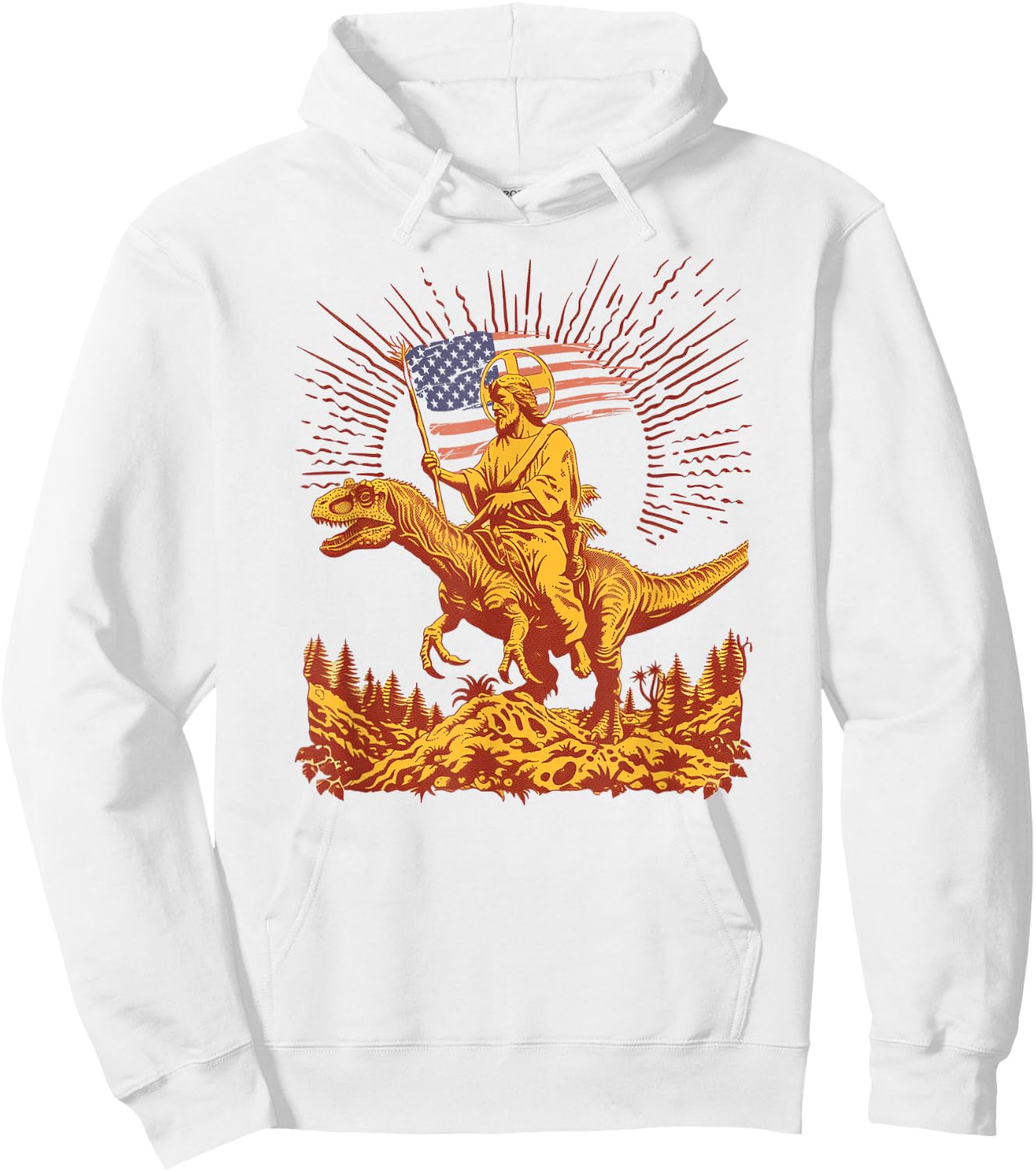 Jesus Riding Raptor Dinosaur USA Flag Funny Weird Patriotic Hoodie - Hoodie | White