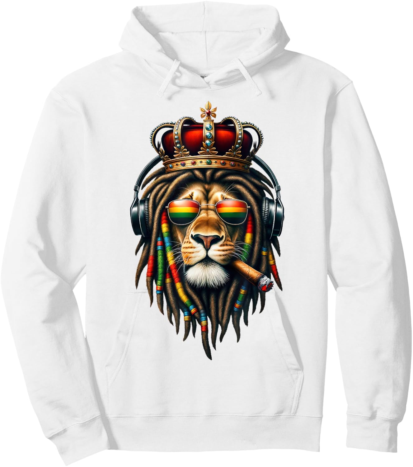 King Rasta Reggae Rastafarian Music Headphones Lion of Judah Hoodie - Hoodie | White