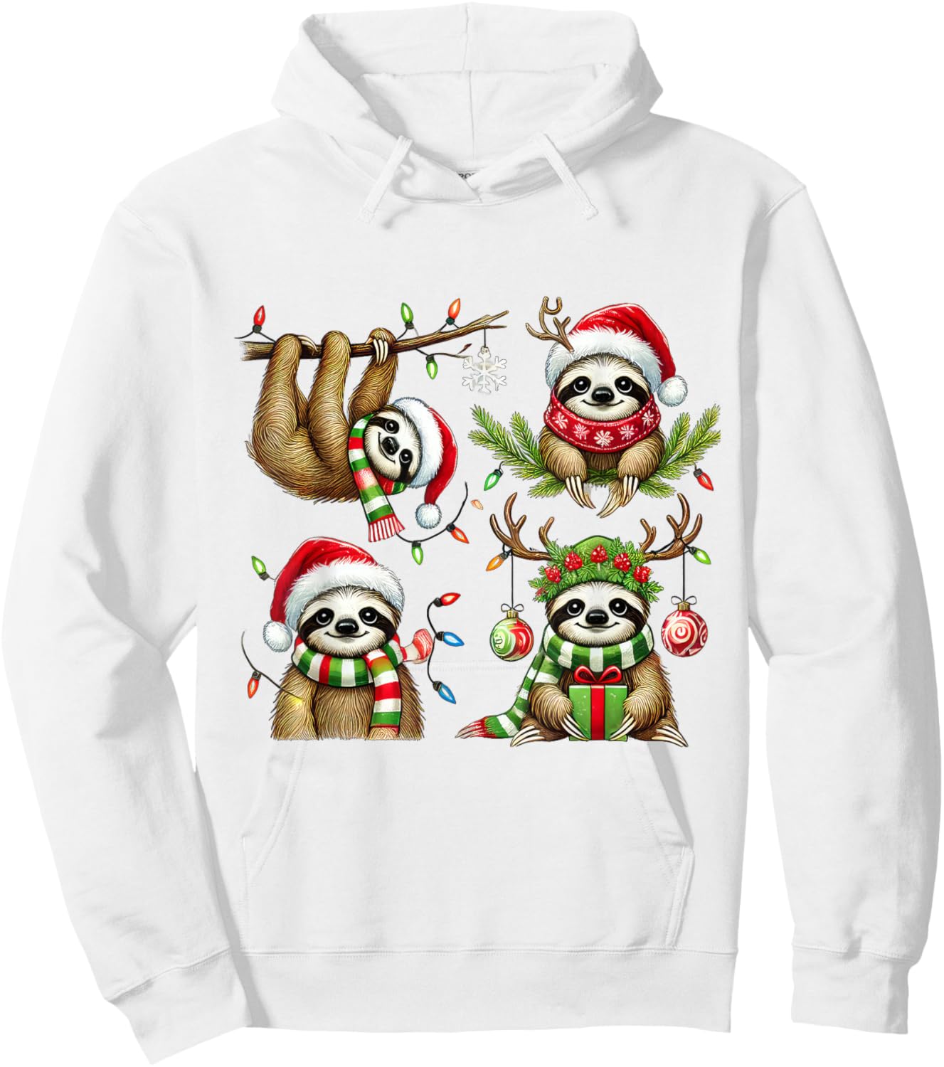 Santa Sloth Christmas Lights Funny Holiday Sloth Lover Gift Hoodie - Hoodie | White
