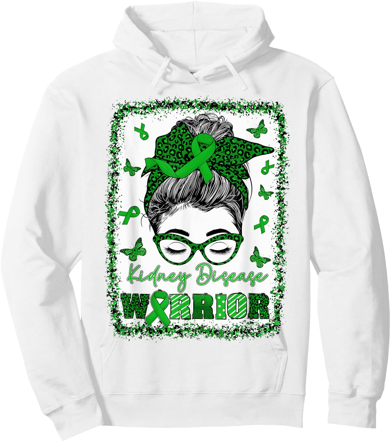 Messy Bun Bandana Woman Green Ribbon Kidney Disease Warrior Hoodie - Hoodie | White