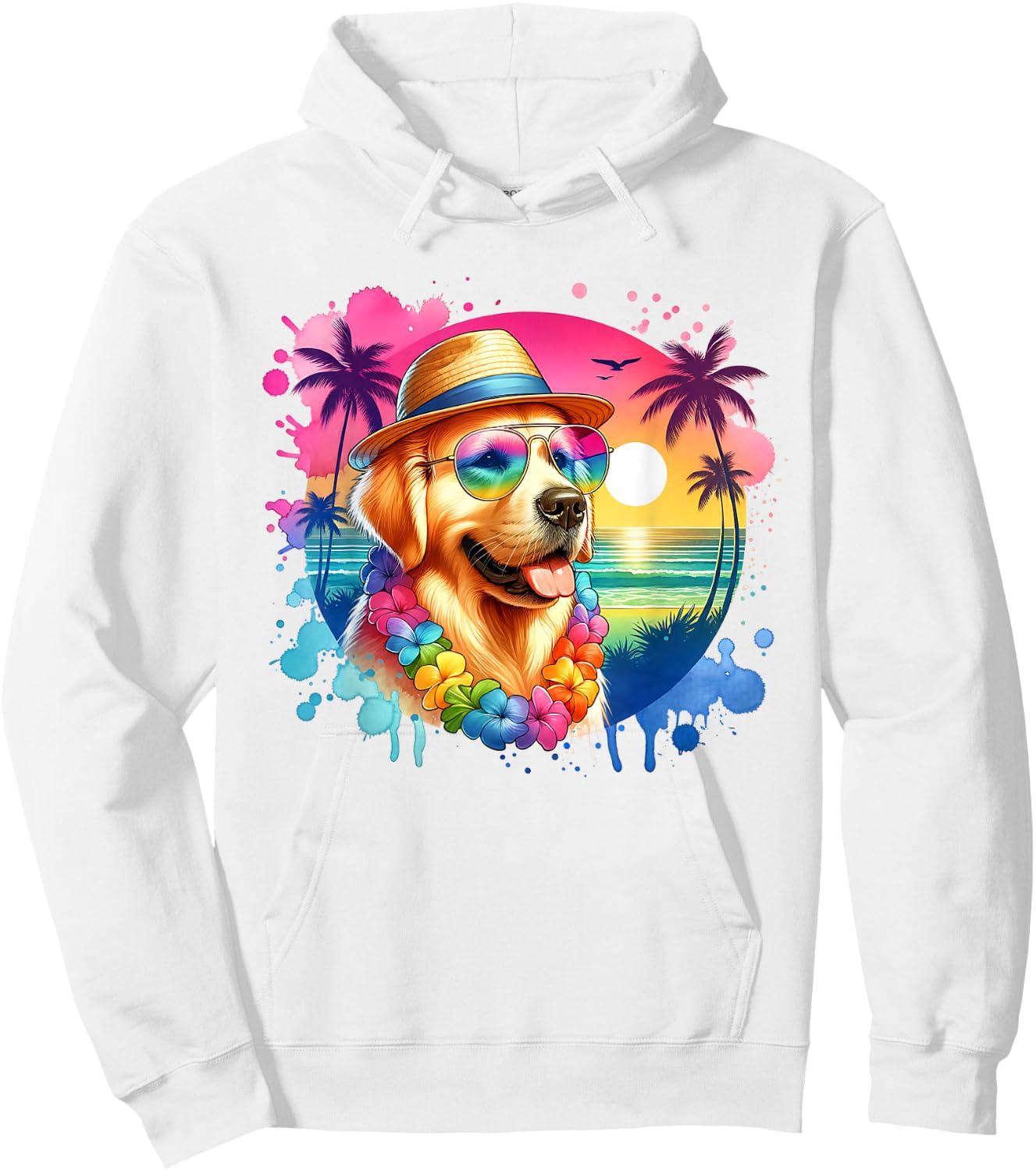 Hawaiian Golden Retriever Dog Watercolor Tropical Summer Men Women Girls Kids Hoodie - Hoodie | White