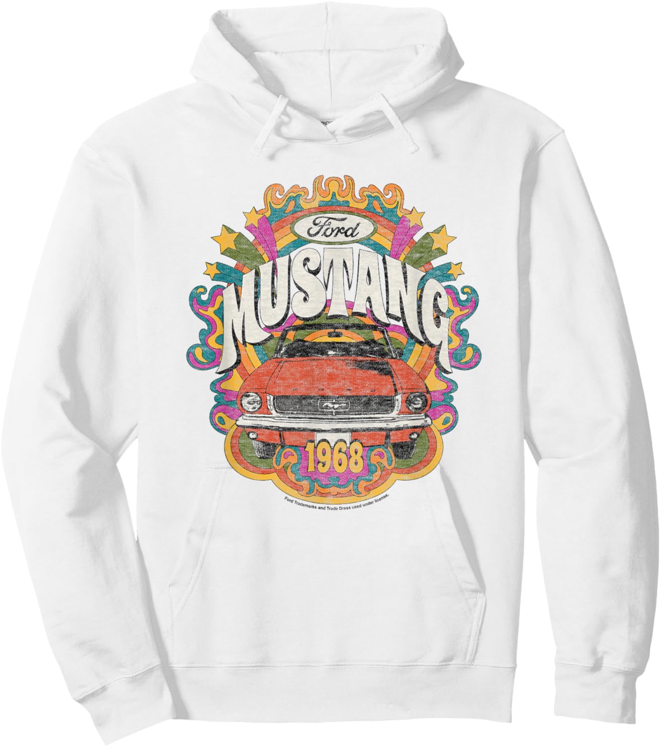 Ford - Vintage Red Mustang 1968 Rainbow Background Stars Hoodie - Hoodie | White