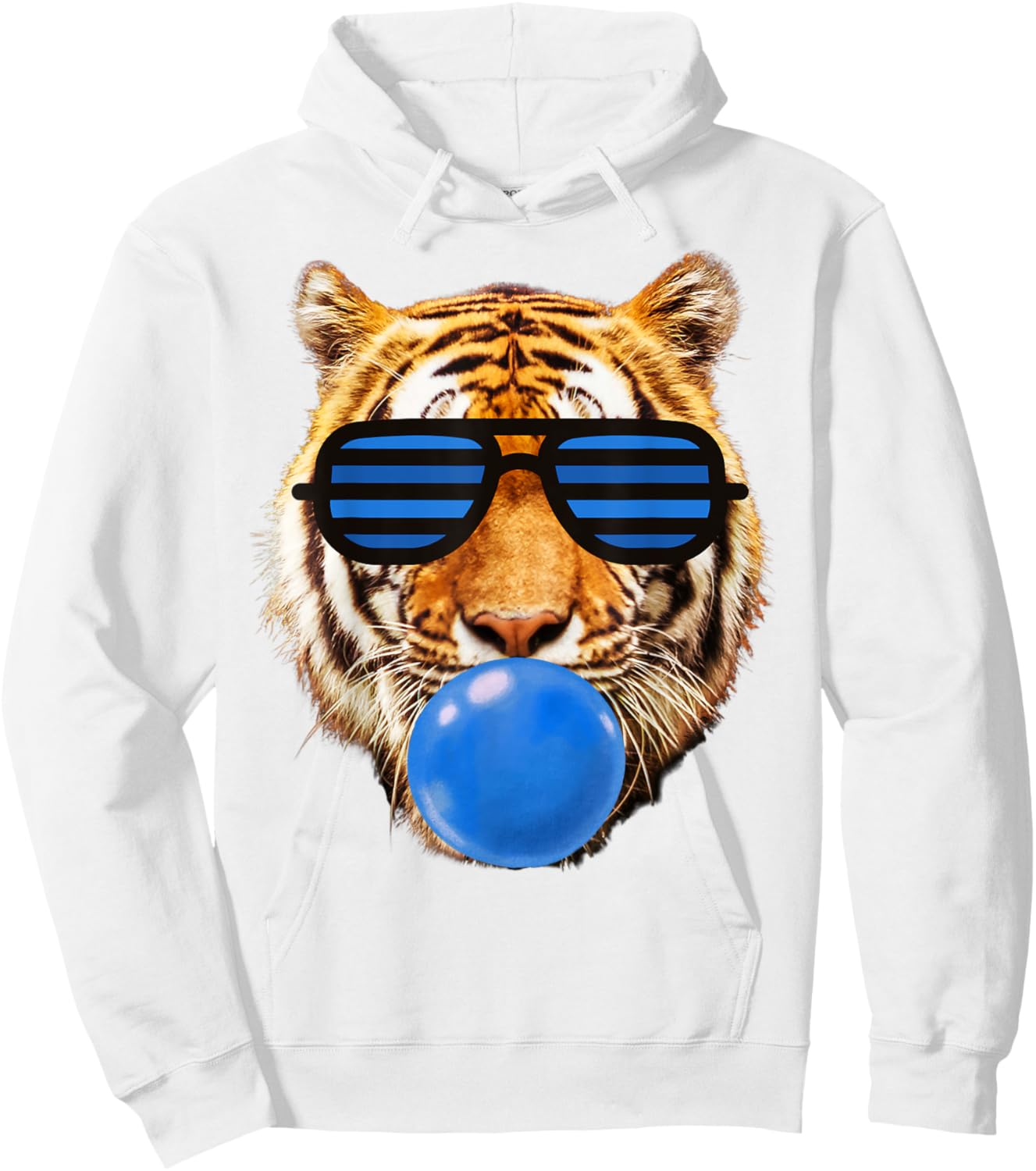 Blue Bubble Gum Tiger Face Stripe Sunglasses Tiger Head Hoodie - Hoodie | White