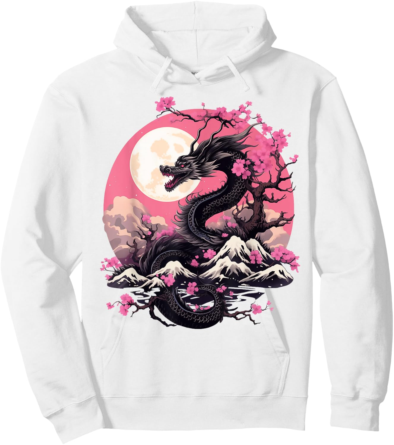 Japanese Dragon & Cherry Blossom Men & Women Full Moon Asian Hoodie - Hoodie | White