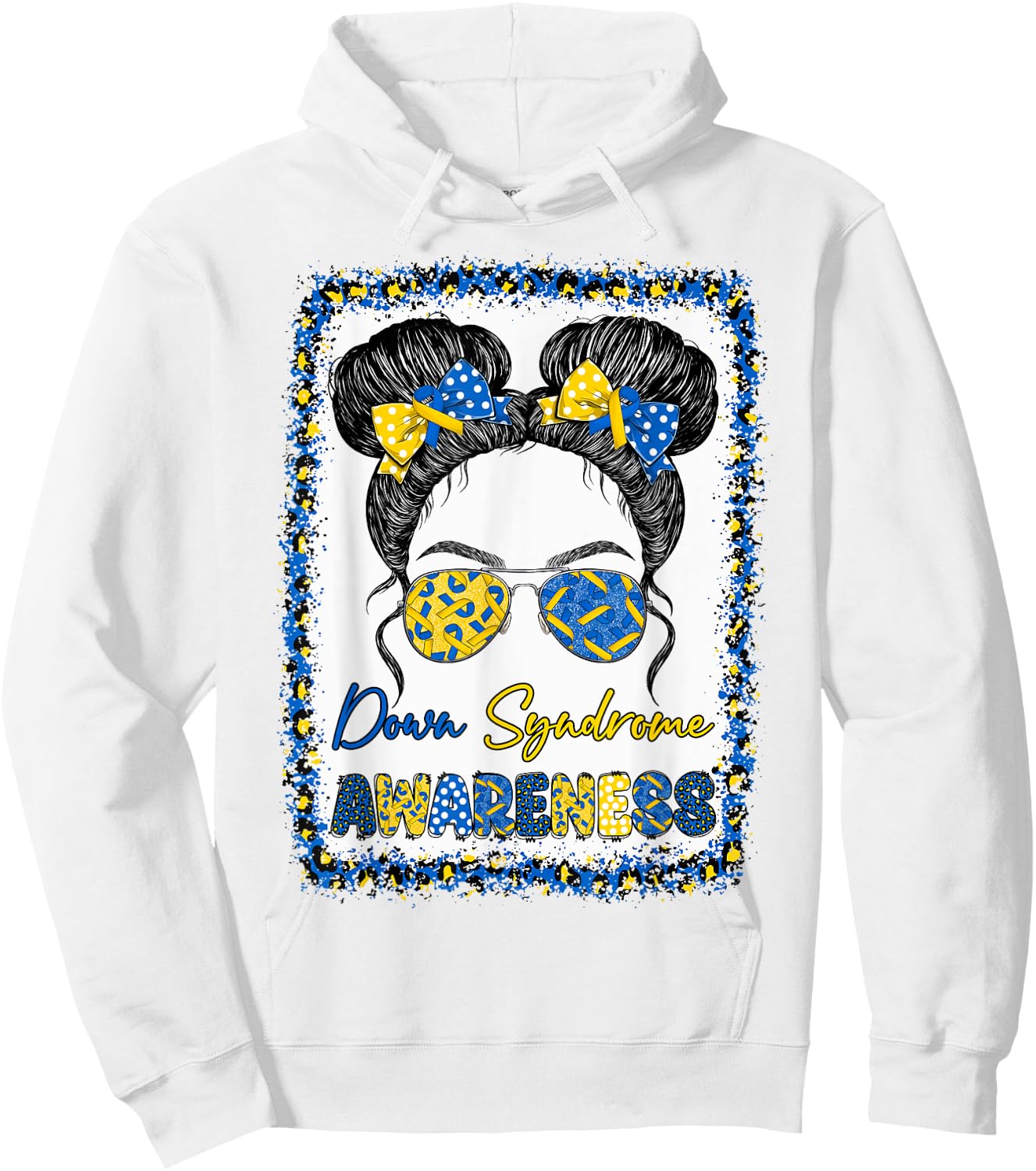 Messy Bun Girl Yellow Blue Bow Ties Sunglasses Down Syndrome Hoodie - Hoodie | White