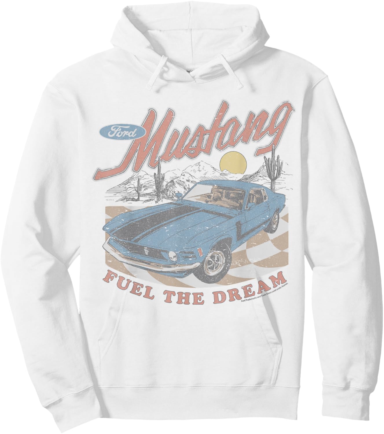 Ford - Mustang Fuel The Dream Blue Car In Desert Landscape Hoodie - Hoodie | White