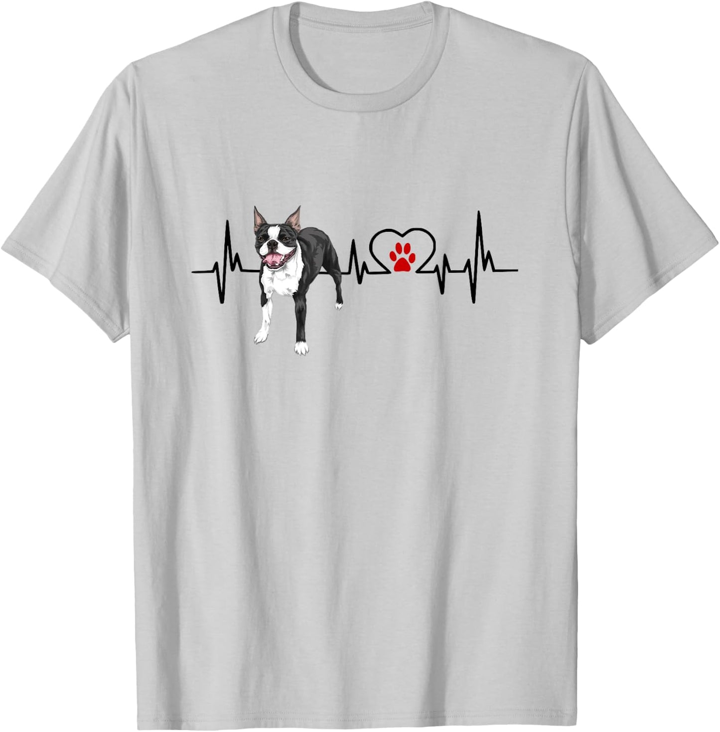 Boston Terrier EKG Heartbeat Heart Line Dog Lovers T-Shirt - T-Shirt | Ash