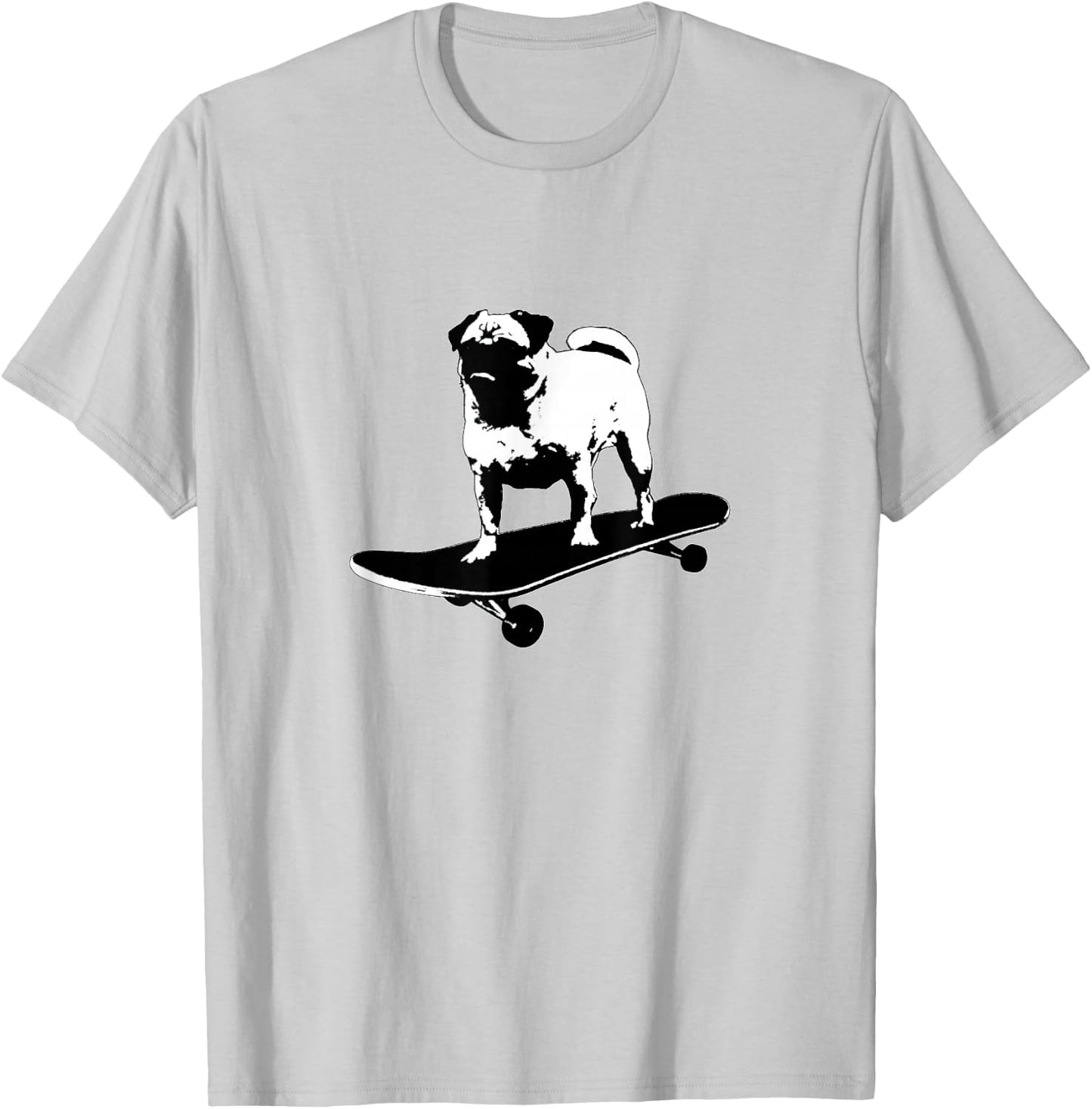 Pug on a Skateboard Black & White Lithograph Style Funny Dog Men Women Girls Kids T-Shirt - T-Shirt | Ash