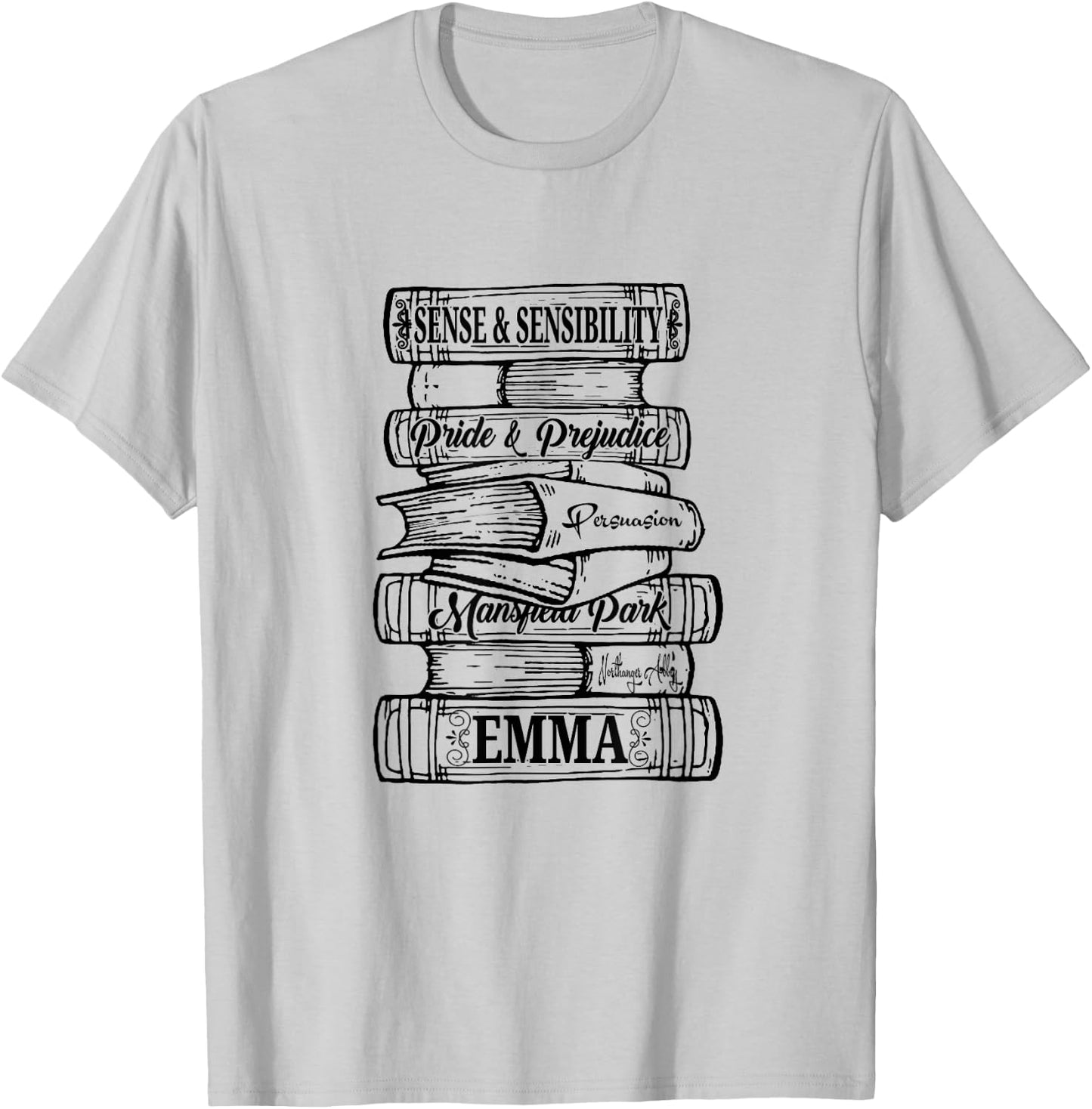 Jane Austen Pride and Prejudice & Mr. Darcy Book Stack Fans T-Shirt - T-Shirt | Ash