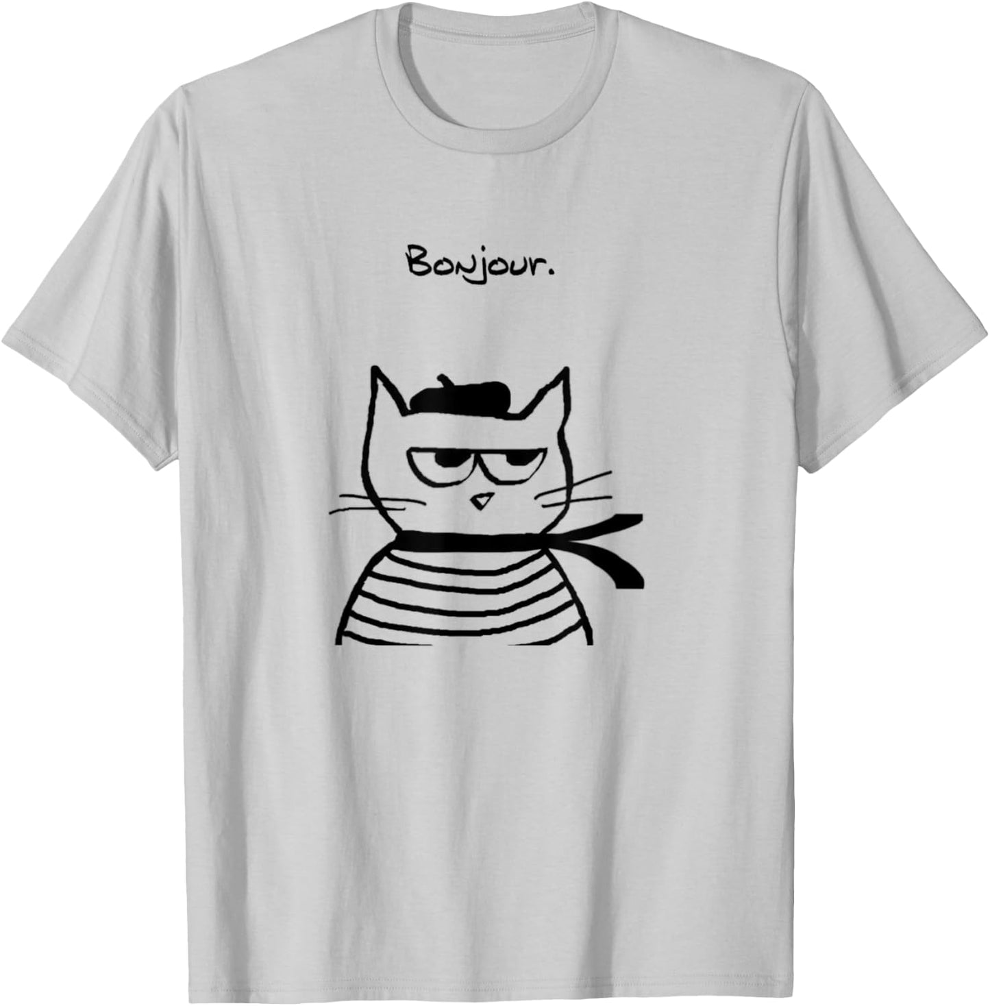 Bonjour French Cat Funny T-Shirt - T-Shirt | Ash
