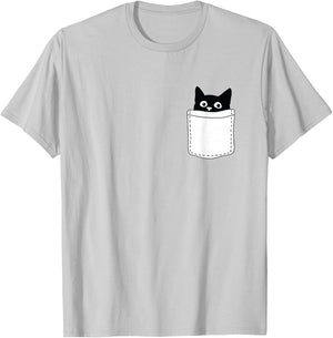 Cute Black Cat Spy Peeking in Pocket for Kitten Lovers T-Shirt - T-Shirt | Ash