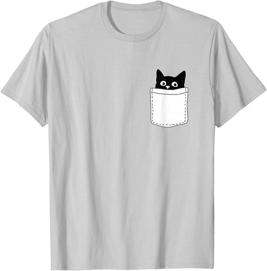 Cute Black Cat Spy Peeking in Pocket for Kitten Lovers T-Shirt - T-Shirt | Ash