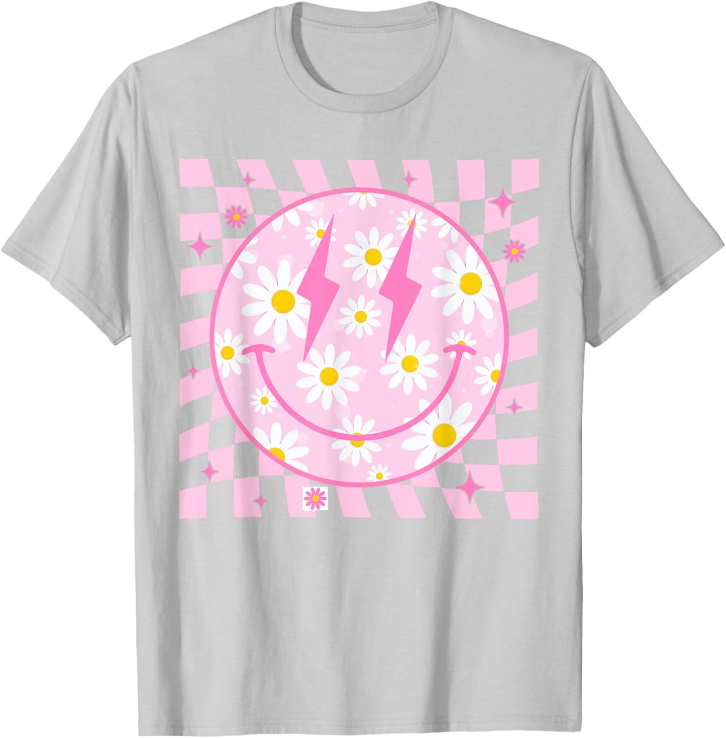 Retro Happy Smile Face Checkered Pattern Pink Daisy Flower T-Shirt - T-Shirt | Ash