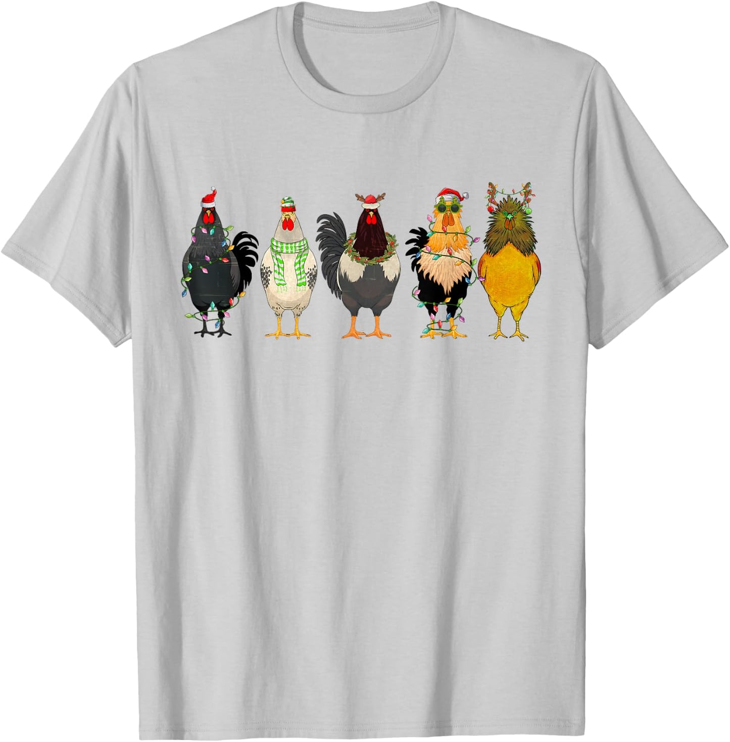 Christmas Chickens Funny Chicks XMAS Lights Cat Santa Hat T-Shirt - T-Shirt | Ash