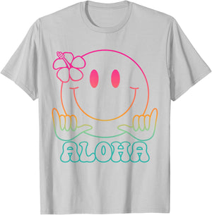 Aloha Hawaiian Cute Smile Face Shaka Hibiscus Kids Girls T-Shirt - T-Shirt | Ash