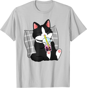 Tuxedo Cat Illustration Drinking Boba Milk Tea Design T-Shirt - T-Shirt | Ash
