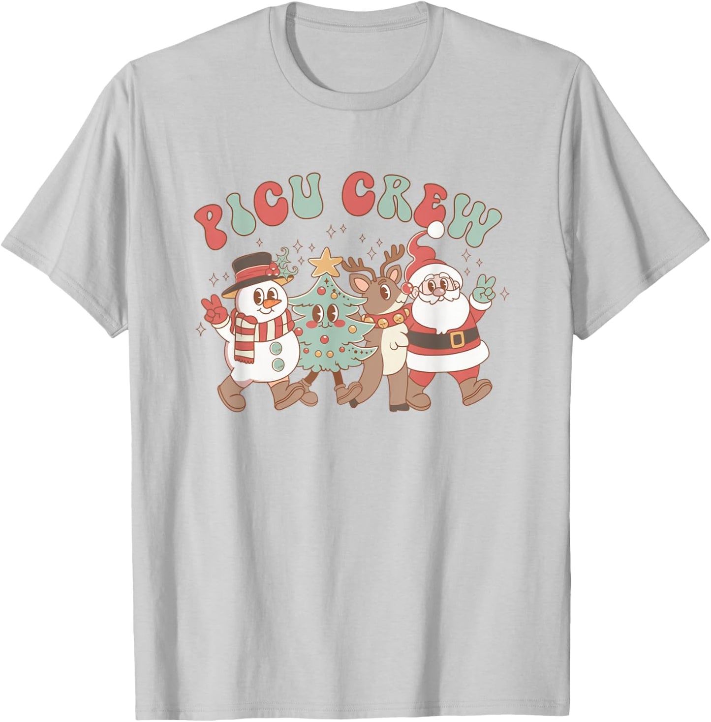 Retro Groovy PICU Nurse Christmas Tree Snowman Reindeer T-Shirt - T-Shirt | Ash