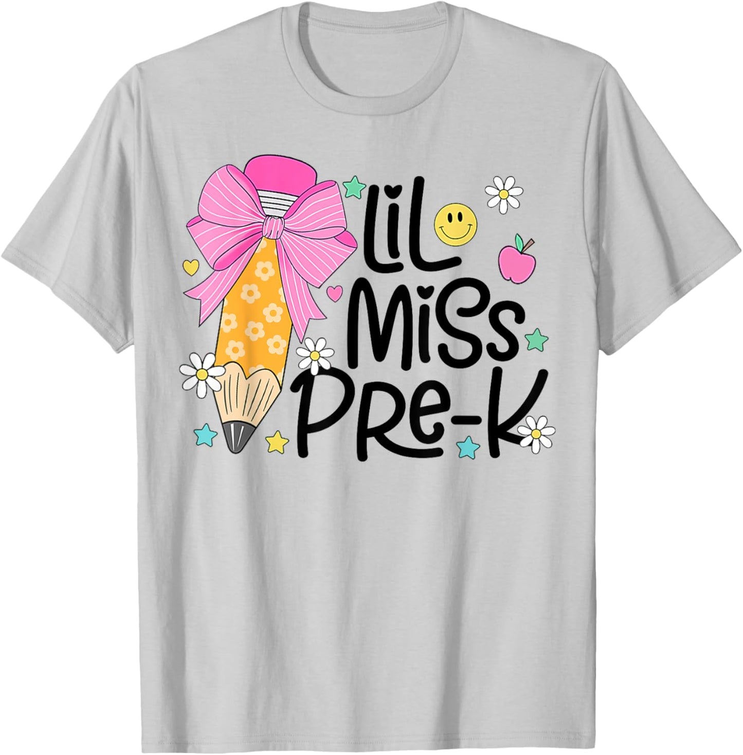 Little Miss Pre-K Kids Girls Pencil Bow First Day Of School T-Shirt - T-Shirt | Ash