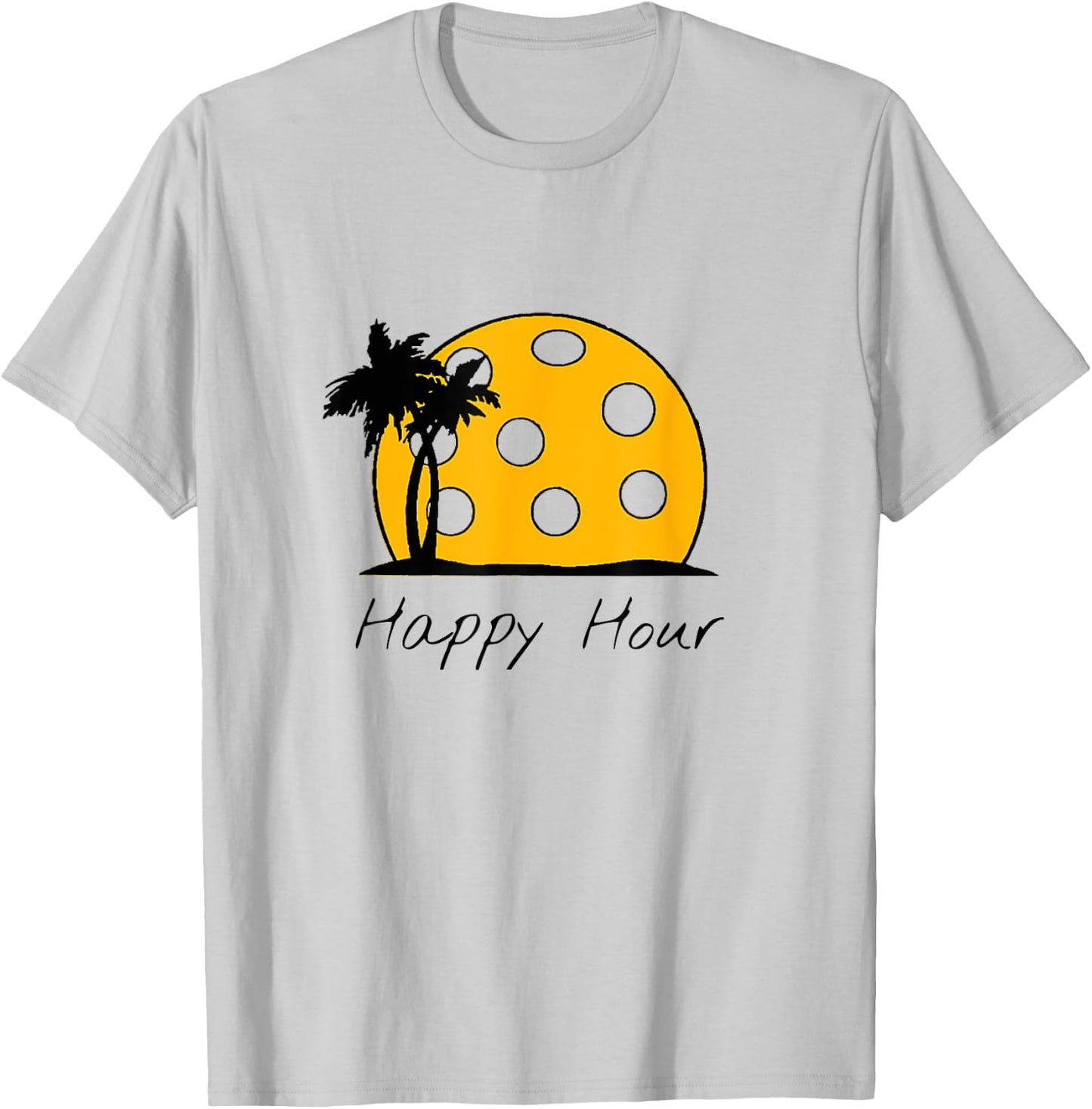 Fun Pickleball Shirts, HAPPY HOUR w/ huge Pickleball sunset T-Shirt - T-Shirt | Ash