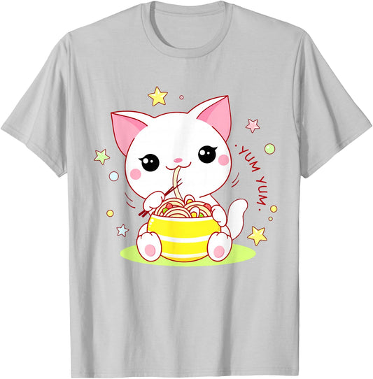 Girl Cat Ramen Noodle Cute Teen Girl Toddler Kawaii Anime T-Shirt - T-Shirt | Ash