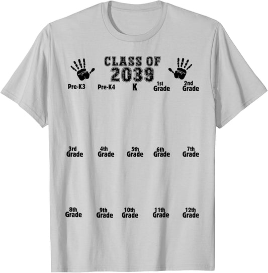Class of 2039 Grow With Me Handprint Pre-K3 12th Grade T-Shirt - T-Shirt | Ash
