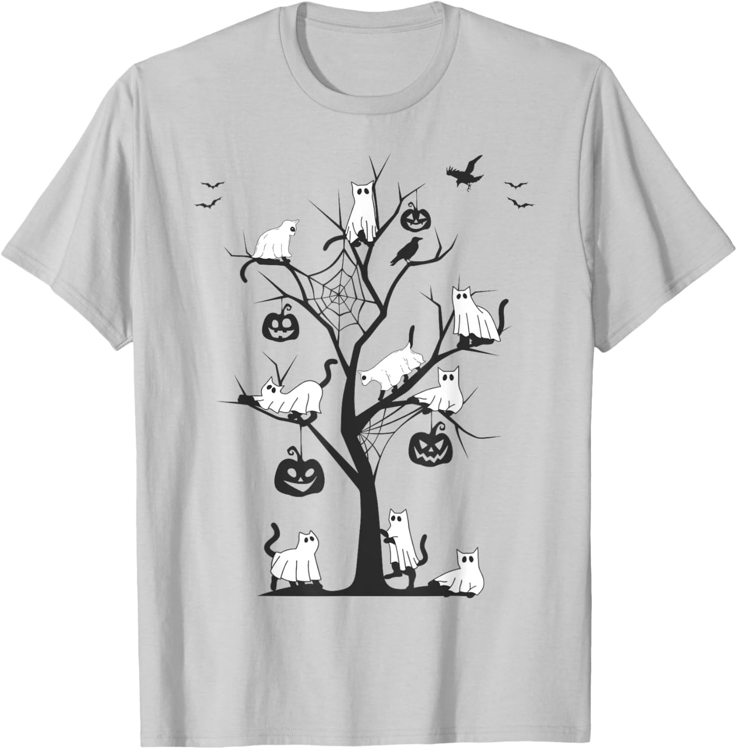 Ghost Cat Funny Halloween Ghost Cats on a Tree Black Cat T-Shirt - T-Shirt | Ash