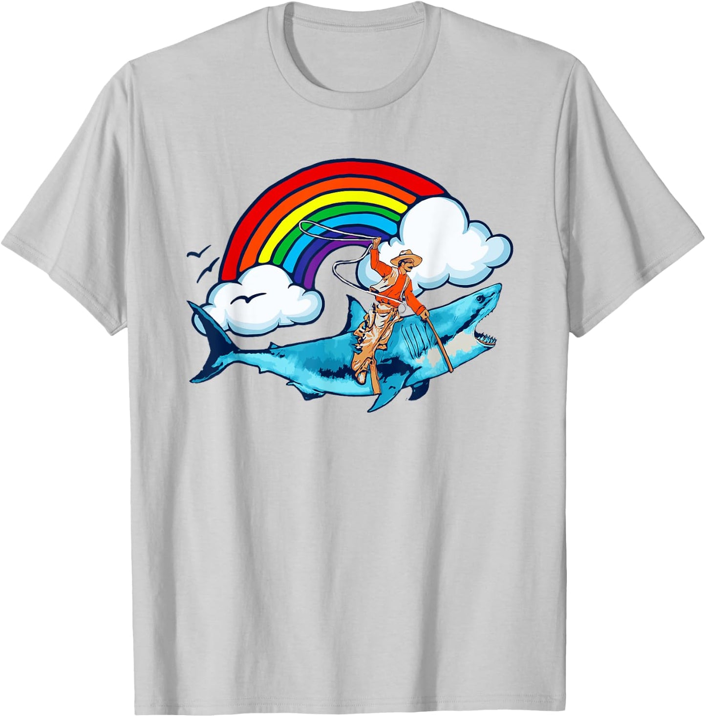Shark Lover Rodeo Cowboy Riding Great White Rainbow Funny T-Shirt - T-Shirt | Ash