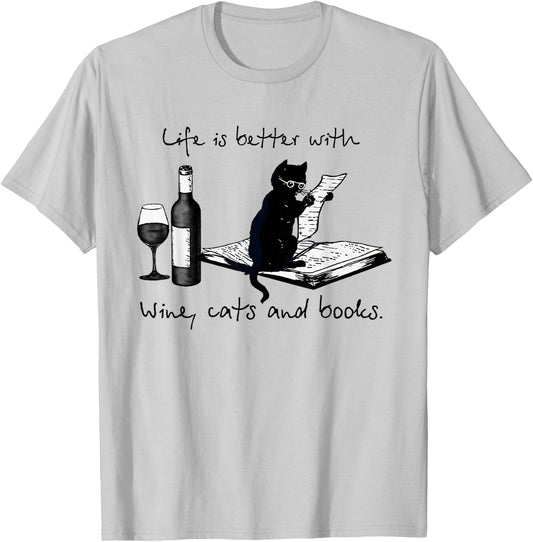 Life is Better with Wine Cats and Books Cat Reading Books T-Shirt - T-Shirt | Ash