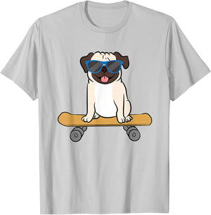 Skateboarding Pug Dog Skateboard Puppy T-Shirt - T-Shirt | Ash