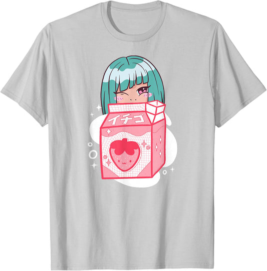 Cute Anime Kawaii Girl with Strawberry Milk - Kawaii Anime T-Shirt - T-Shirt | Ash