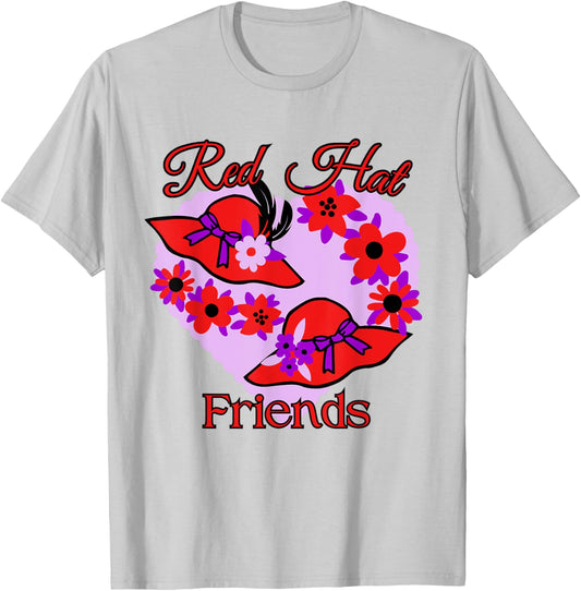 Red Hat Friends Purple Flowers Feathers Heart T-Shirt - T-Shirt | Ash