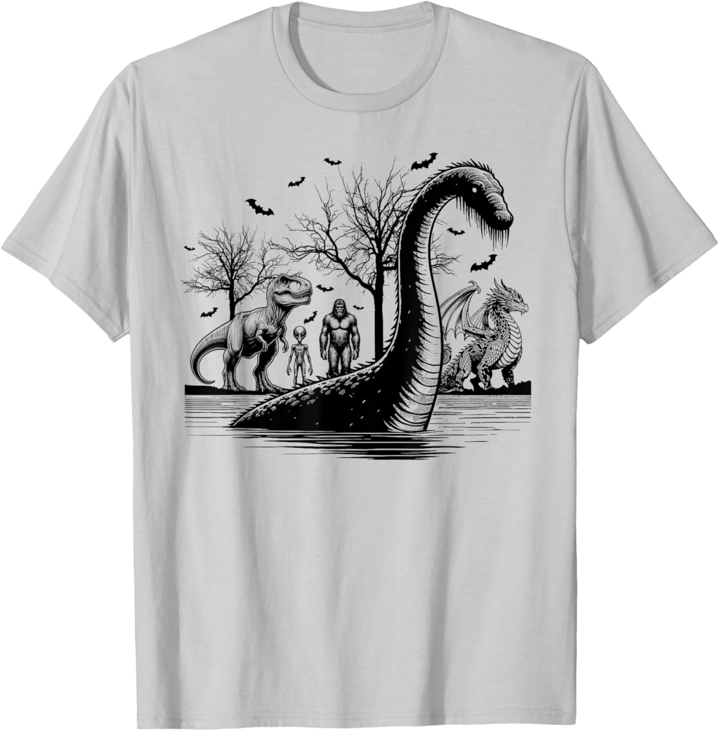 Halloween party bigfoot alien meet loch Ness dragon spooky T-Shirt - T-Shirt | Ash