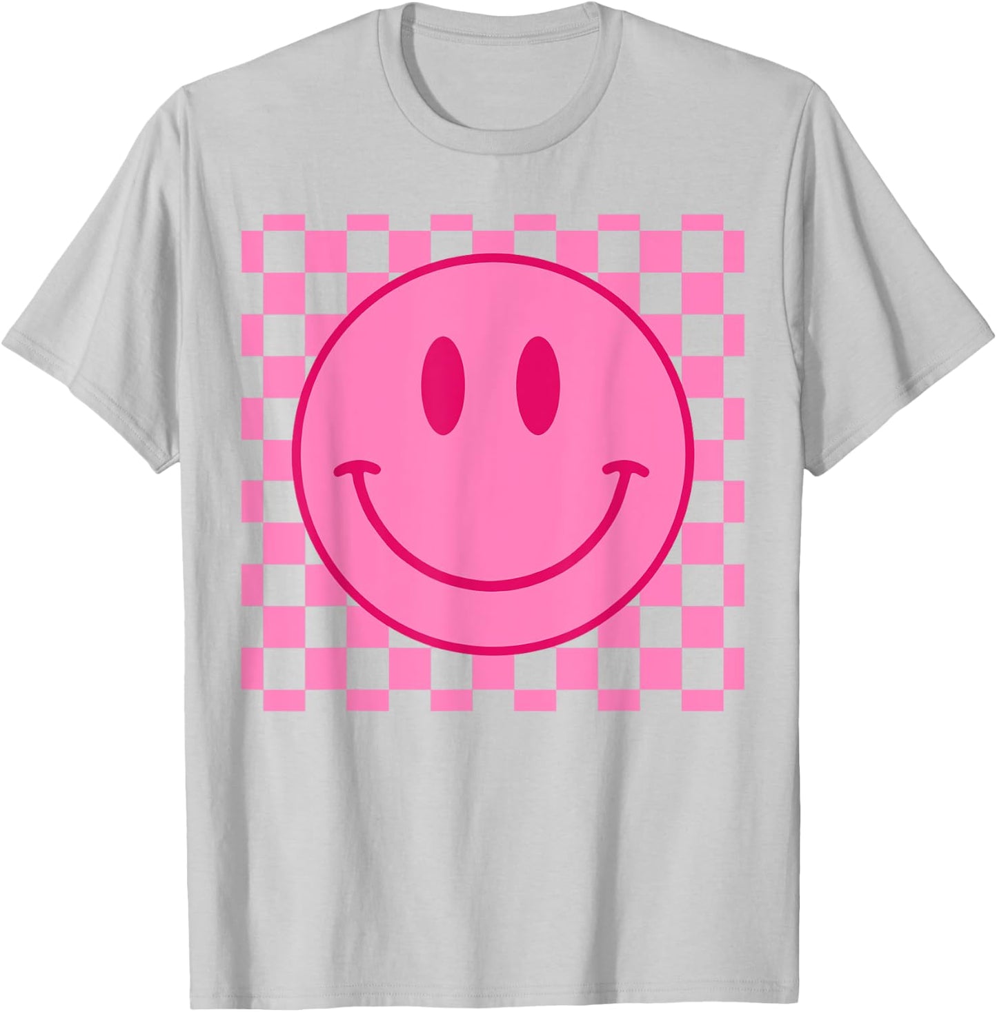 Retro Happy Face Shirt Checkered Pattern Smile Face Trendy T-Shirt - T-Shirt | Ash
