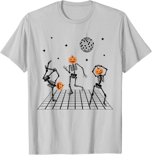 Skeletons with Pumpkin Heads Dancing & disco ball Halloween T-Shirt - T-Shirt | Ash