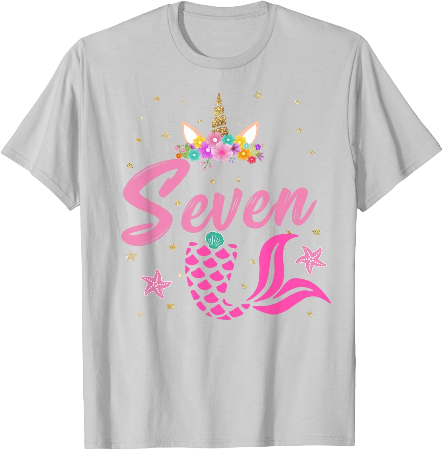 7th Birthday Girl Unicorn Shirt Mermaid Tail 7 Years Old T-Shirt - T-Shirt | Ash