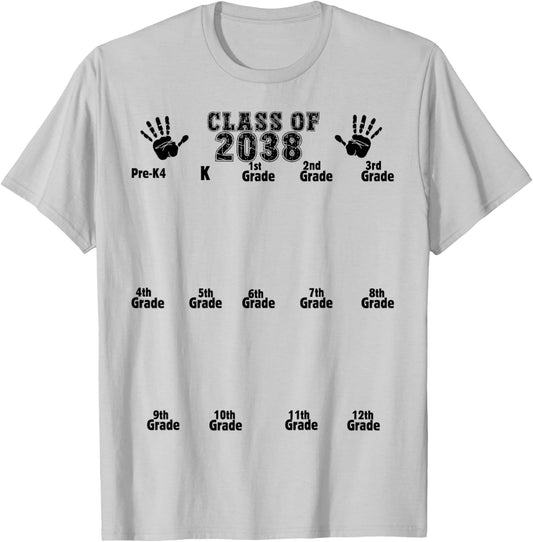 Class of 2038 Grow With Me Handprint Pre-K4 12th Grade T-Shirt - T-Shirt | Ash
