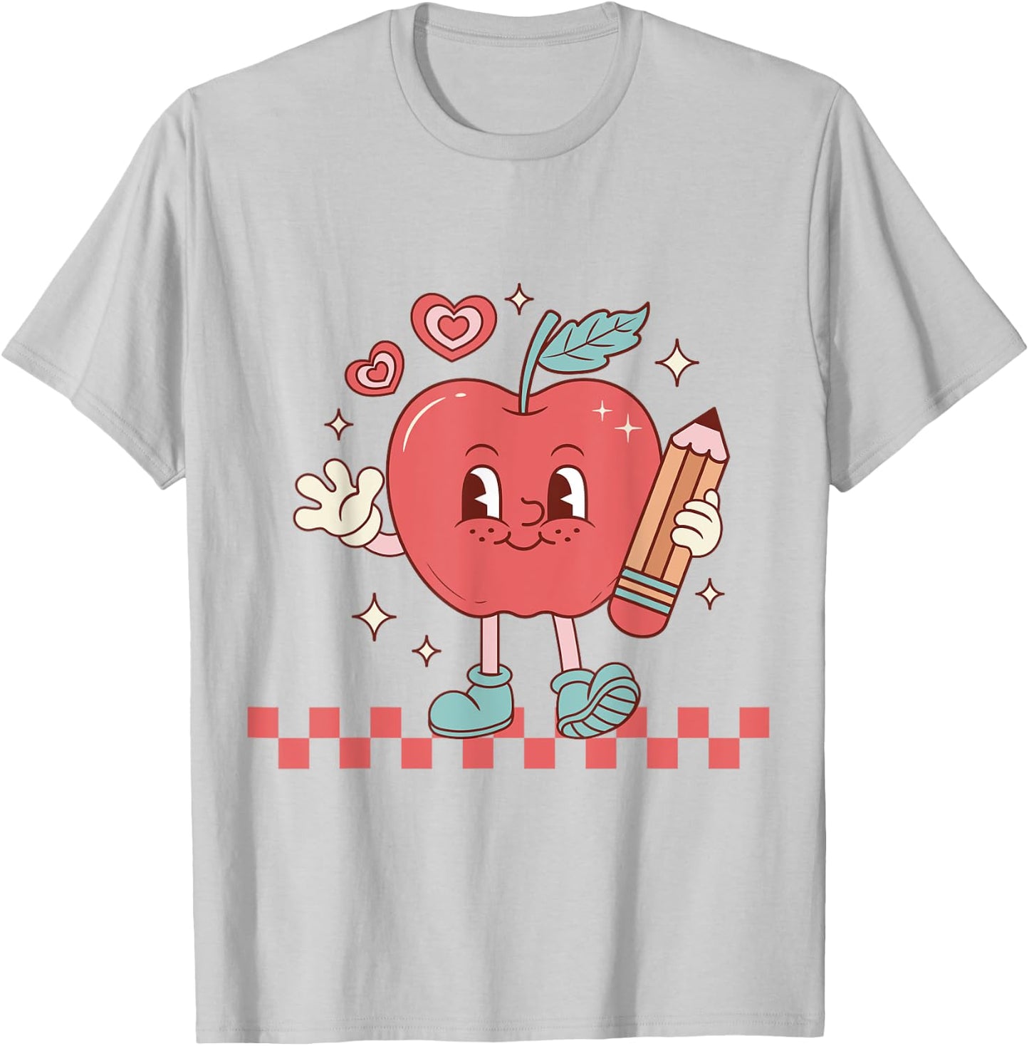 Cute Retro Checkered Apple with Face Teacher Pencil Trendy T-Shirt - T-Shirt | Ash
