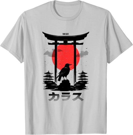 Japanese Aesthetic Red Rising Sun Raven Torii Gate Shinto T-Shirt - T-Shirt | Ash