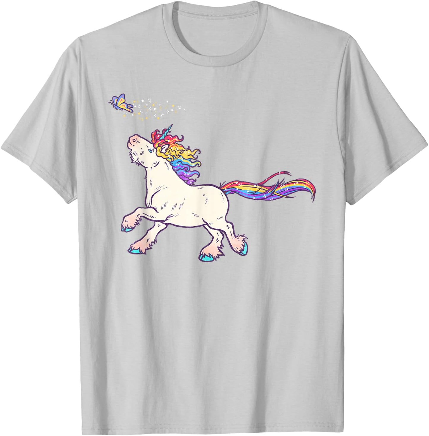 Cute Rainbow Unicorn Chasing Butterfly T-Shirt - T-Shirt | Ash