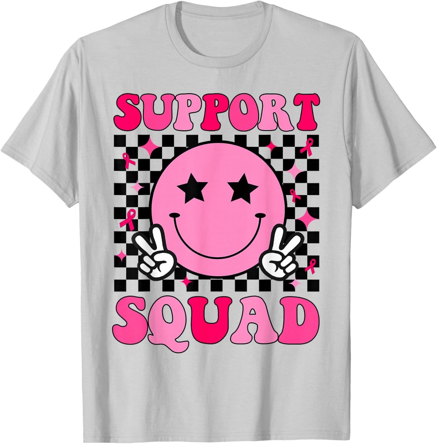 Retro Groovy Support Squad Breast Cancer Awareness T-Shirt - T-Shirt | Ash