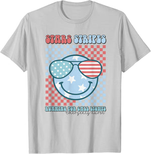 ER Nurse 4th Of July Emergency Room Groovy Smile Patriotic T-Shirt - T-Shirt | Ash