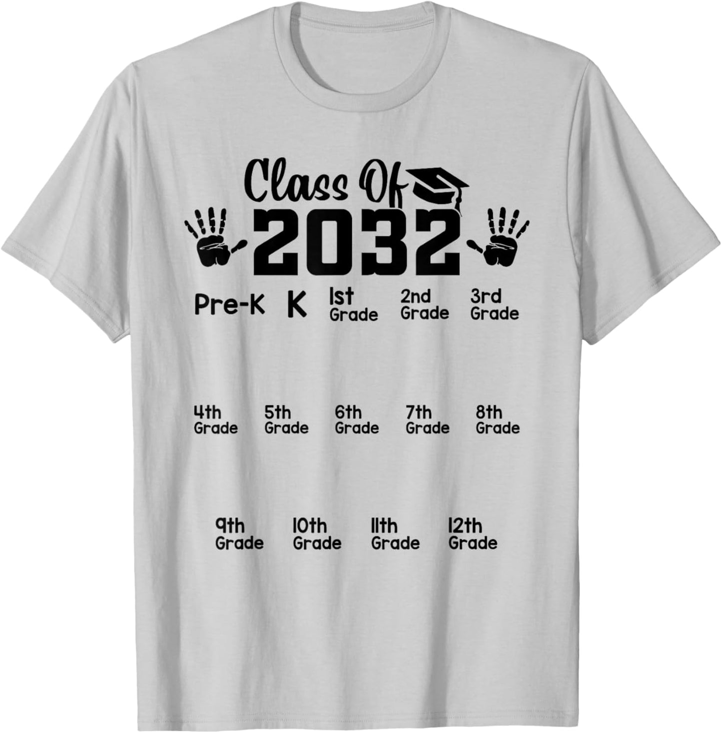 Class of 2032 Grow With Me Handprint Pre-k 12th Grade T-Shirt - T-Shirt | Ash