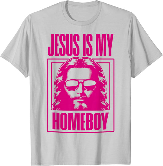 Cool Christian Faith Apparel Jesus Is My Homeboy -Adult Christian Theme Blue Small Modern Printed Round Neck Short Sleeve T-Shirt - T-Shirt | Ash