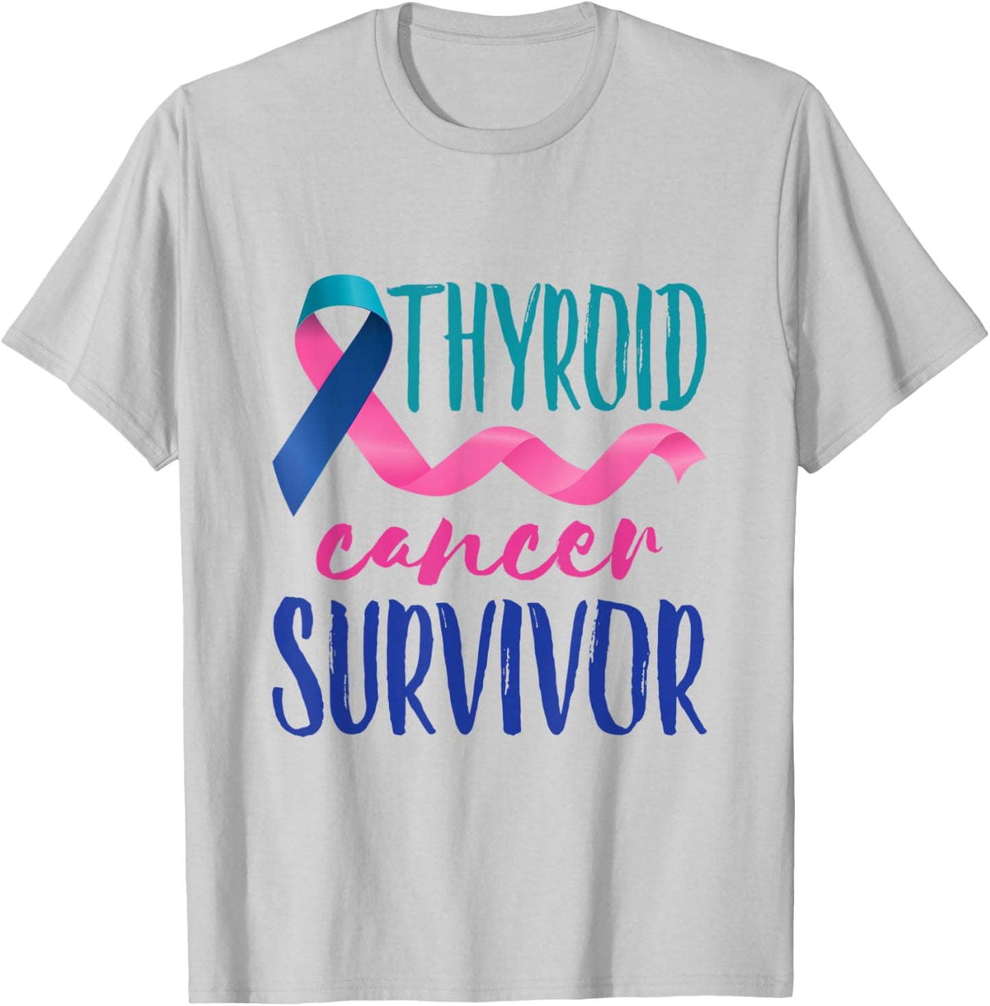 Thyroid Cancer Survivor Awareness Ribbon Teal Blue Pink T-Shirt - T-Shirt | Ash