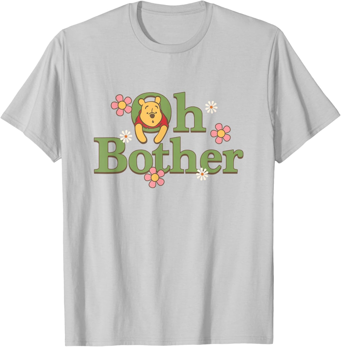 Disney Winnie the Pooh Oh Bother Cute Floral Chest Text Logo T-Shirt - T-Shirt | Ash